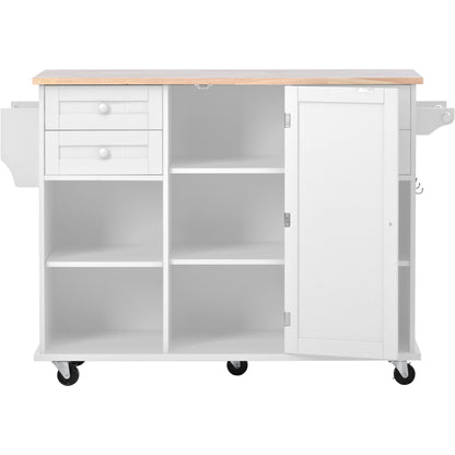 K&K kitchen island cart with Spice Rack, Towel Rack & Drawer,Rubber wood desktop,5 wheels including 4 lockable wheels,52.8inch width (White)