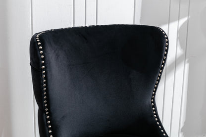 Set of 2 Black Velvet upholstered wing-back dining chair with backstitching nailhead trim and solid wood legs