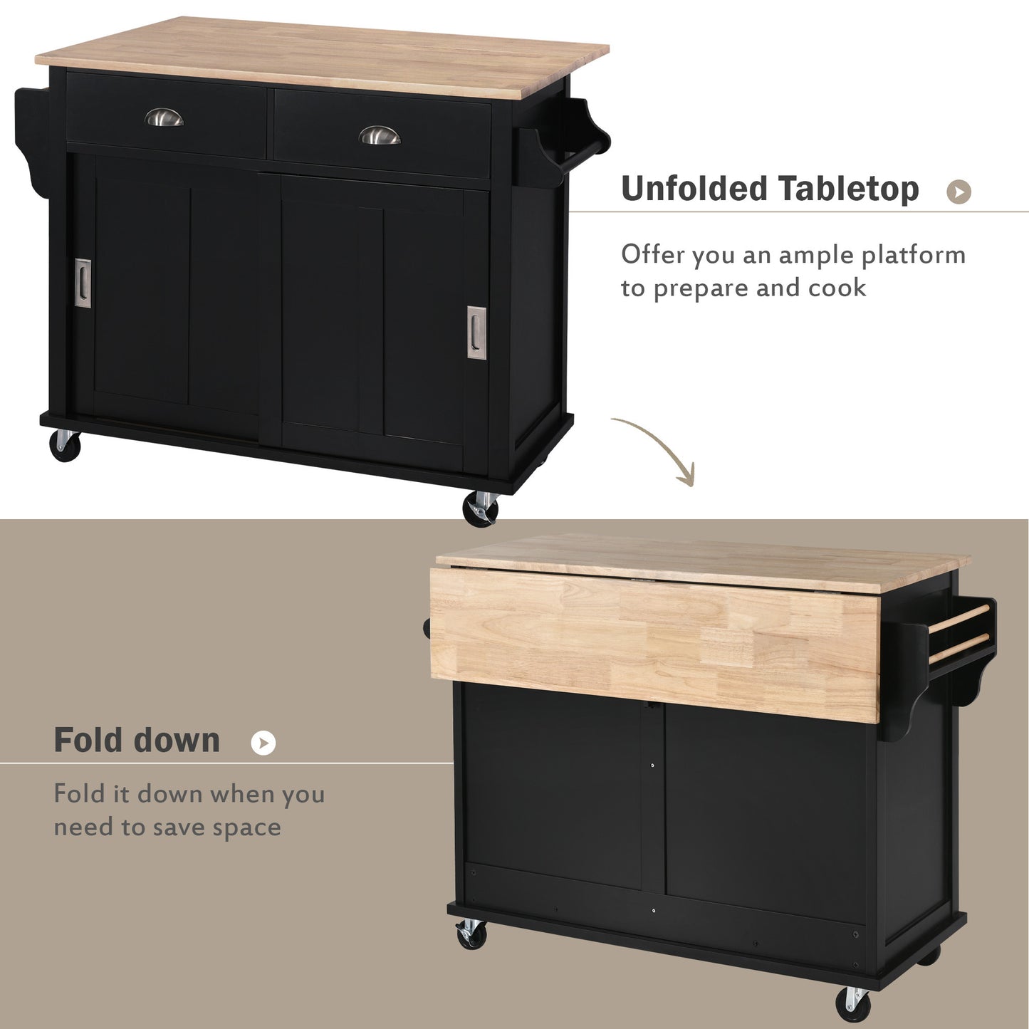 K&K Kitchen Cart with Rubber wood Drop-Leaf Countertop, Concealed sliding barn door adjustable height,Kitchen Island on 4 Wheels with Storage Cabinet and 2 Drawers,L52.2xW30.5xH36.6 inch, Black