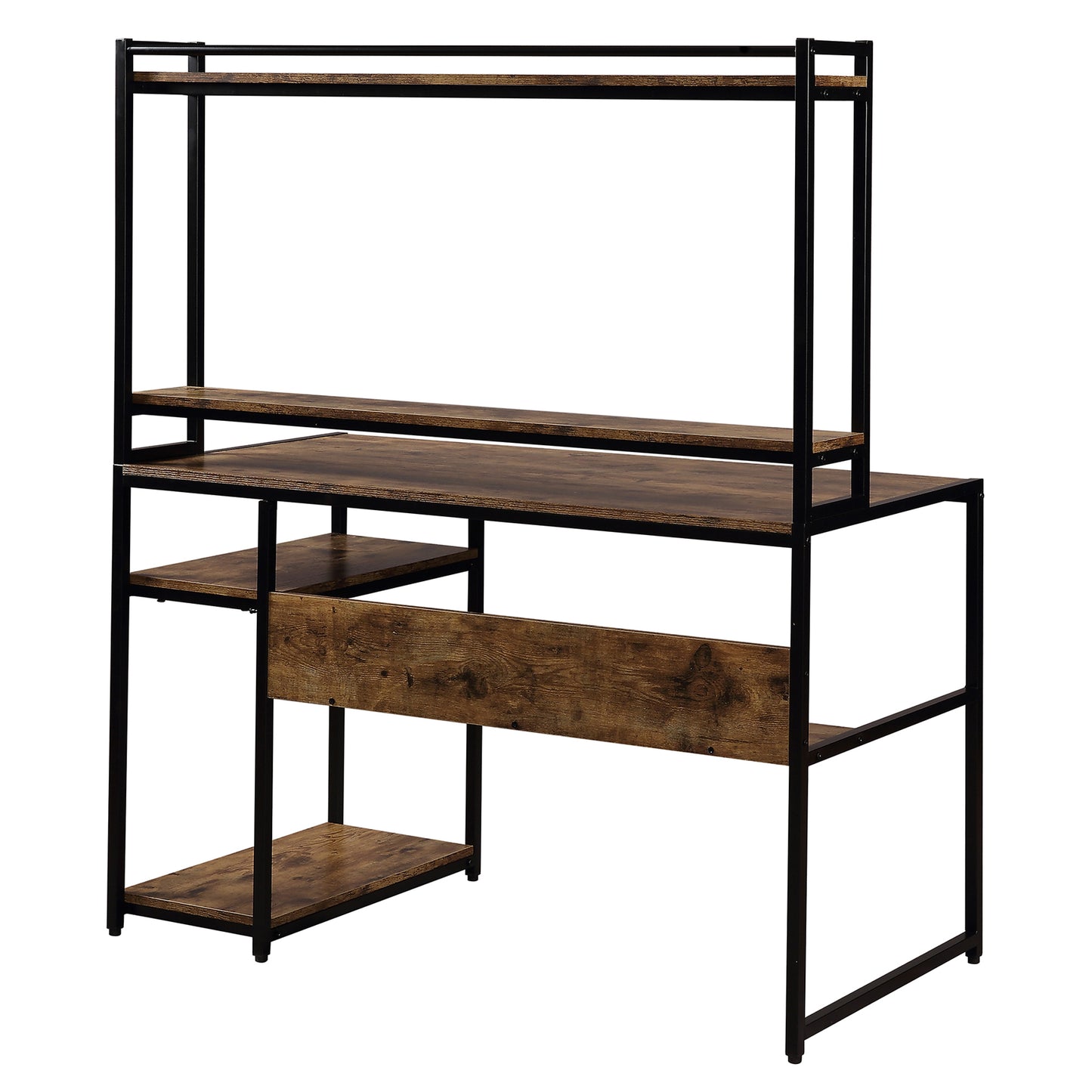 Home Office Computer Desk with 2-Tier Bookshelf and Open Storage Shelf/Equipped with Removable Monitor Riser(Brown)