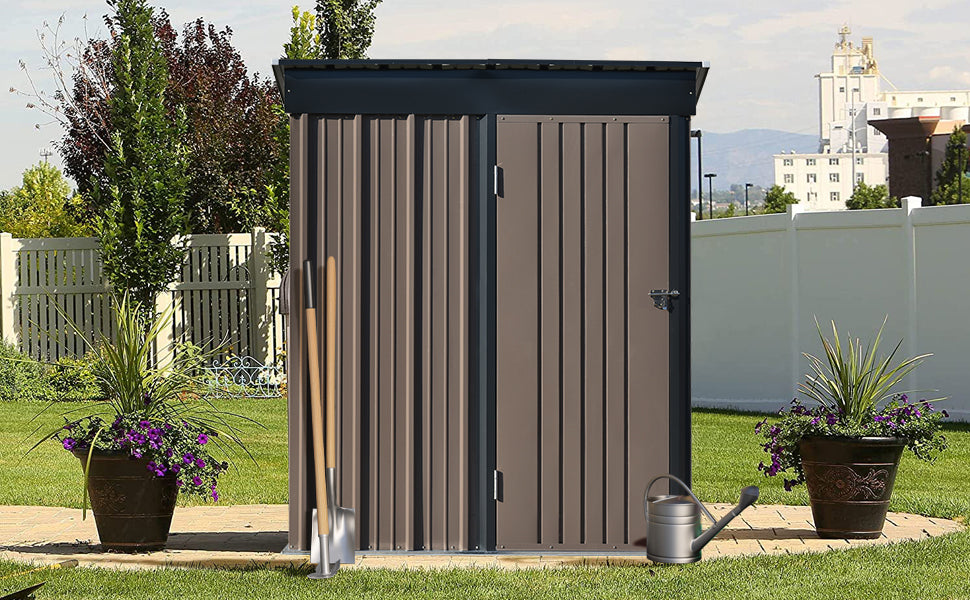 TOPMAX Patio 5ft Wx3ft. L Garden Shed, Metal Lean-to Storage Shed with Adjustable Shelf and Lockable Door, Tool Cabinet for Backyard, Lawn, Garden, Brown