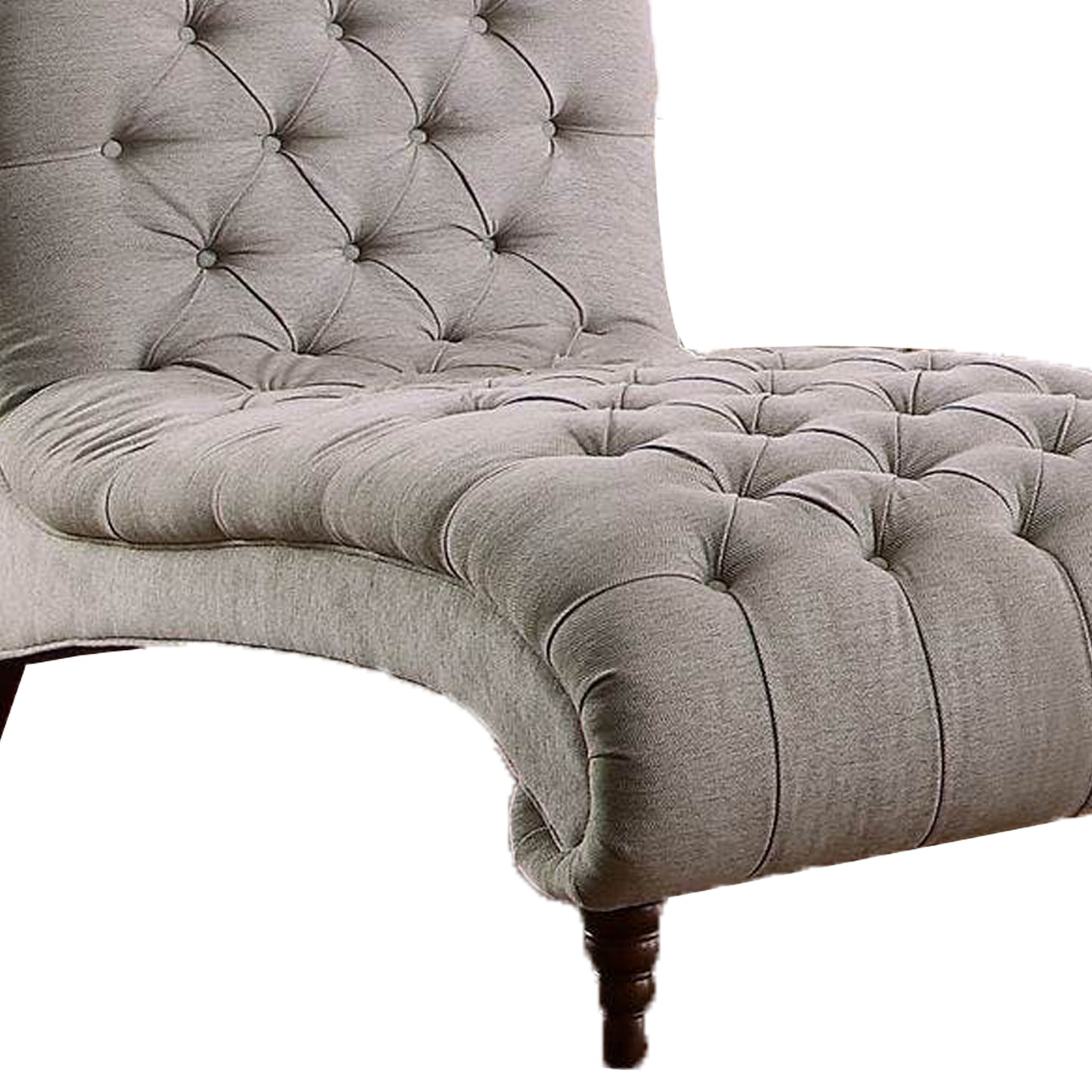 68 Inch Rolled Design Chaise, Gray Fabric, Button Tufting, Turned Feet