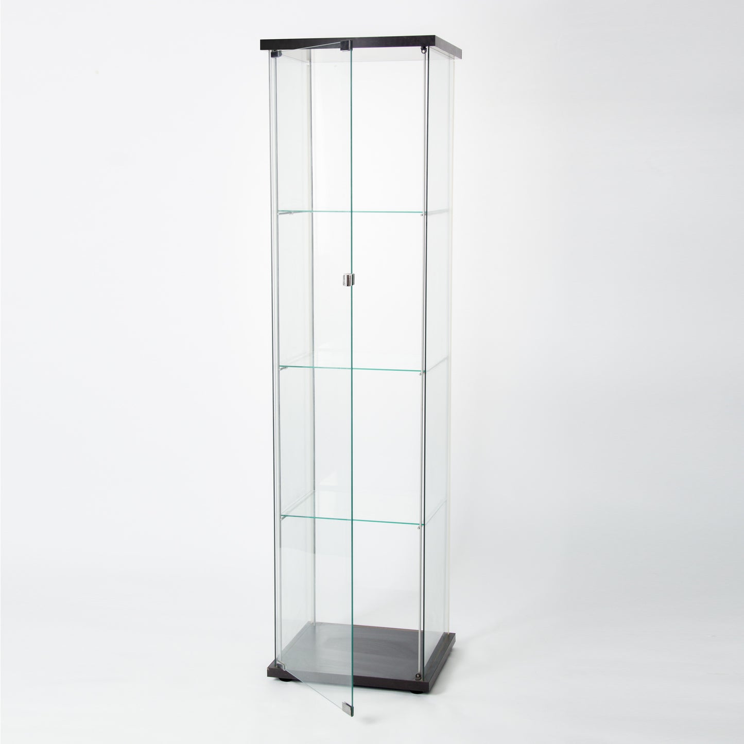 Glass Cabinet-b      Glass Display Cabinet 4 Shelves with Door, Floor Standing Curio Bookshelf for Living Room Bedroom Office, 64” x 17”x 14.5”, Black