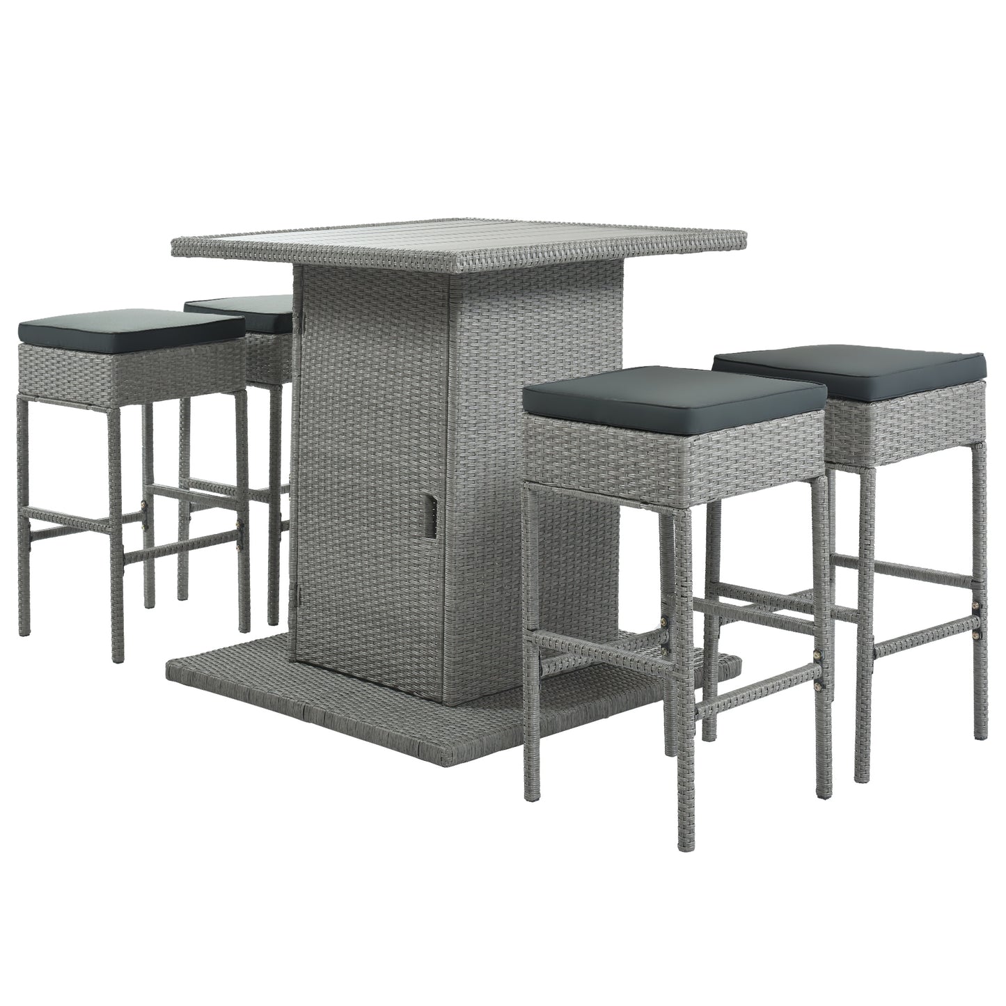 TOPMAX Patio 5-Piece Rattan Dining Table Set, PE Wicker Square Kitchen Table Set with Storage Shelf and 4 Padded Stools for Poolside, Garden, Gray Wicker+Dark Gray Cushion