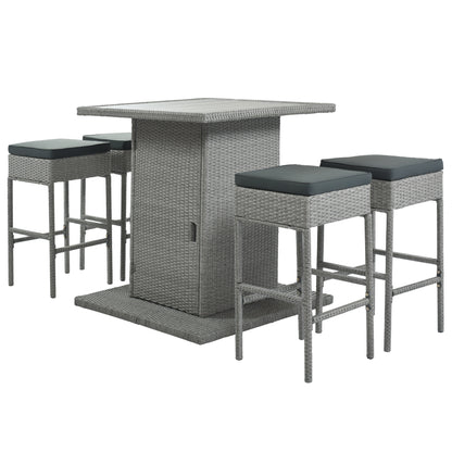 TOPMAX Patio 5-Piece Rattan Dining Table Set, PE Wicker Square Kitchen Table Set with Storage Shelf and 4 Padded Stools for Poolside, Garden, Gray Wicker+Dark Gray Cushion