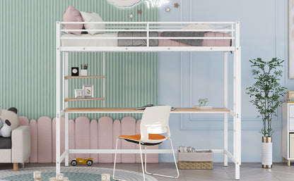 Twin Metal Loft Bed with Desk and Shelve,White