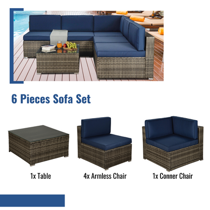 Outdoor Garden Patio Furniture 6-Piece Dark Gray PE Rattan Wicker Sectional Navy Cushioned Sofa Sets