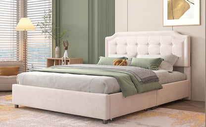 Upholstered Platform Bed with Classic Headboard and 4 Drawers, No Box Spring Needed, Velvet Fabric, Queen Size Beige