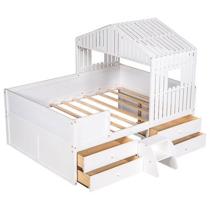 Full Size House Low Loft Bed with Four Drawers,White