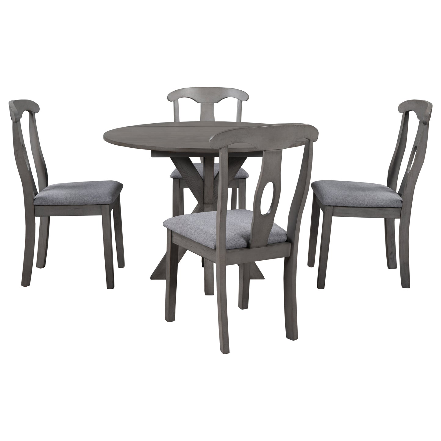 TOPMAX Rustic Farmhouse 5-Piece Wood Round Dining Table Set for 4, Kitchen Furniture with Drop Leaf and 4 Padded Dining Chairs for Small Places, Grey