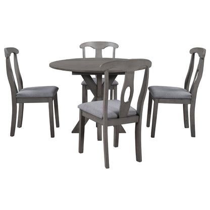 TOPMAX Rustic Farmhouse 5-Piece Wood Round Dining Table Set for 4, Kitchen Furniture with Drop Leaf and 4 Padded Dining Chairs for Small Places, Grey