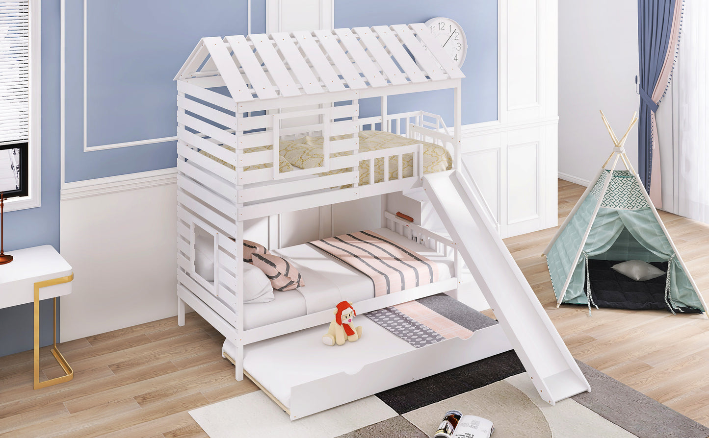 Twin over Twin House Bunk Bed with Trundle and Slide, Storage Staircase,Roof and Window Design, White