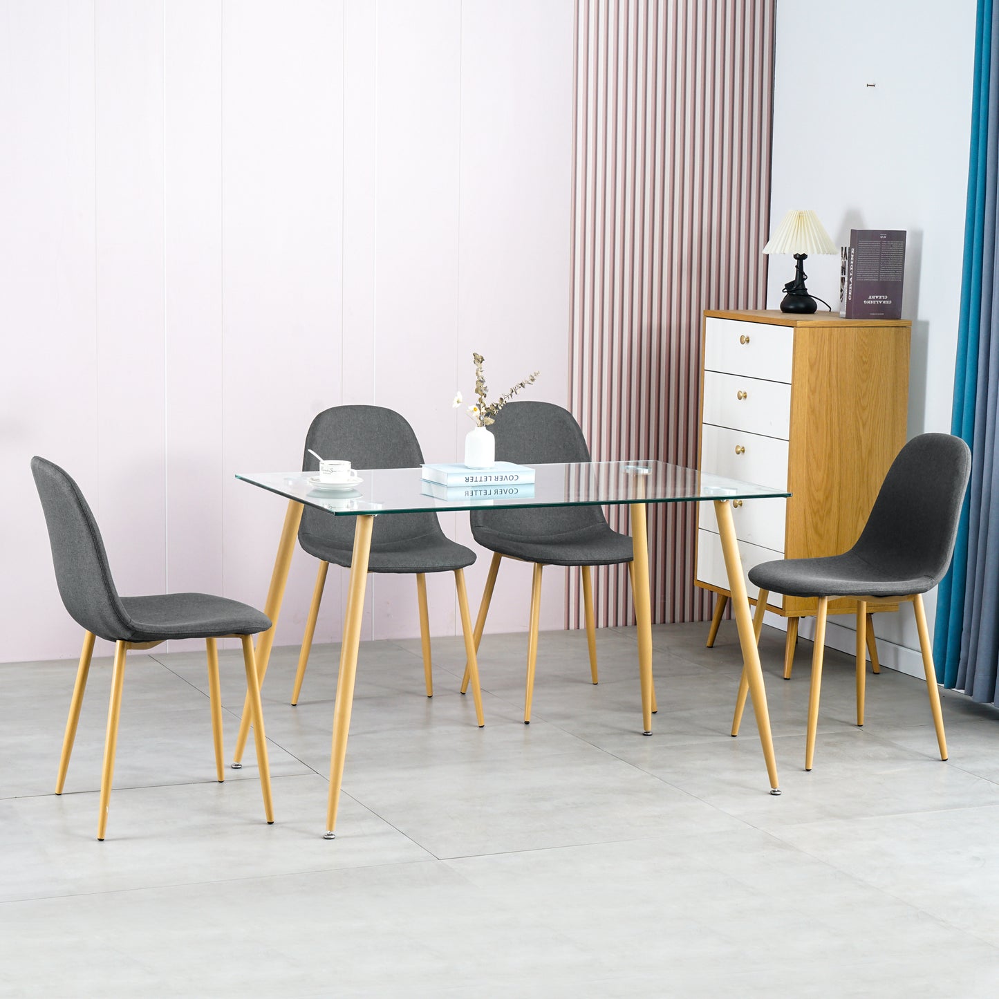 Dining Table Set Modern 5 Pieces Dining Room Set Mid Century Tempered Glass Kitchen Table and 4 Deep Grey Modern Fabric Chairs with wood-transfer Metal Legs