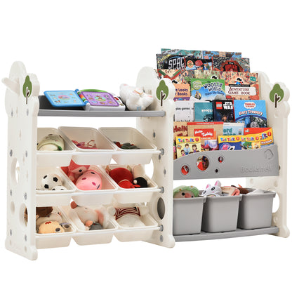 Kids Bookshelf Toy Storage Organizer with 12 Bins and 4 Bookshelves, Multi-functional Nursery Organizer Kids Furniture Set Toy Storage Cabinet Unit with HDPE Shelf and Bins