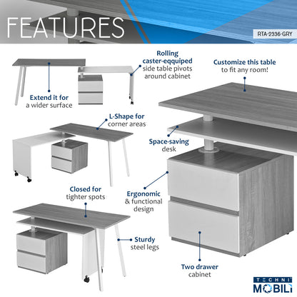 Techni Mobili Rotating Multi-Positional Modern Desk, Grey