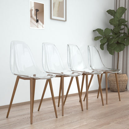 Modern simple transparent dining chair plastic chair armless crystal chair Nordic creative makeup stool negotiation chair Set of 4 and wood color metal leg