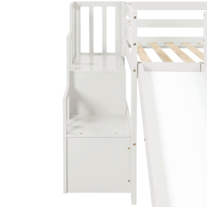 Loft Bed with Staircase, Storage, Slide, Twin size, Full-length Safety Guardrails, No Box Spring Needed, White \\\\n(Old Sku:W504S00004)