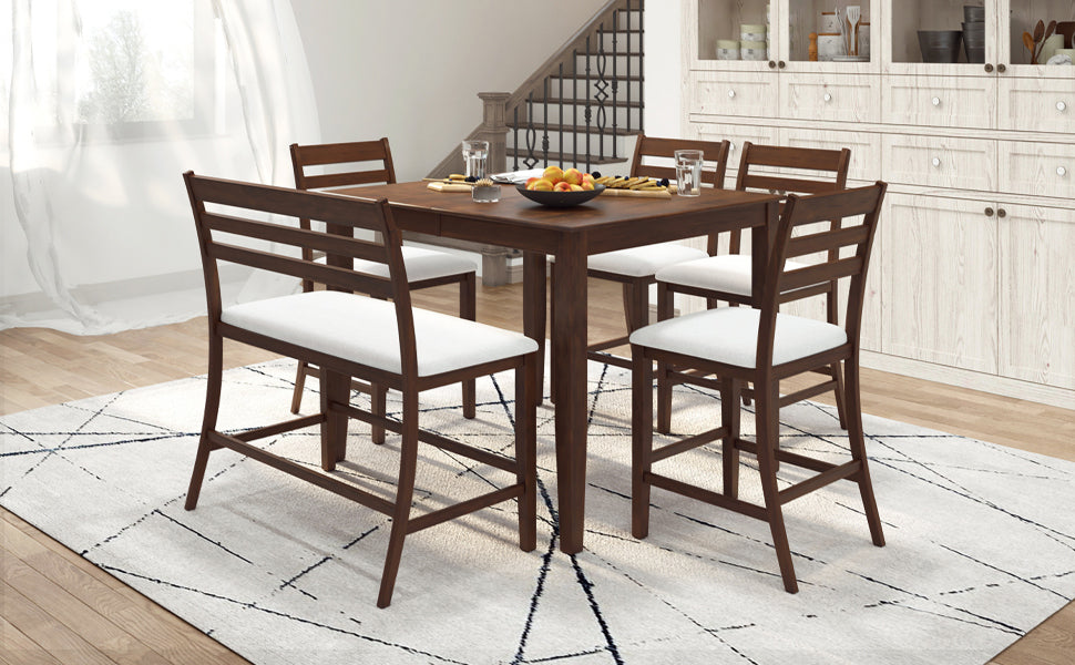 TOPMAX Farmhouse Extendable Counter Height 6-Piece Dining Table Set with Removable Leaf, 4 Dining Chairs and Dining Bench with Back, Brown Walnut+Beige