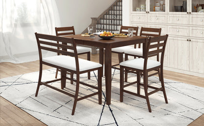 TOPMAX Farmhouse Extendable Counter Height 6-Piece Dining Table Set with Removable Leaf, 4 Dining Chairs and Dining Bench with Back, Brown Walnut+Beige