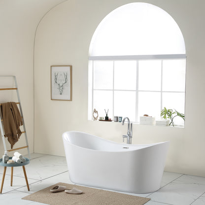 67"L x 31.5"W Acrylic Art Freestanding Alone White Soaking Bathtub with Brushed Nickel Overflow and Pop-up Drain