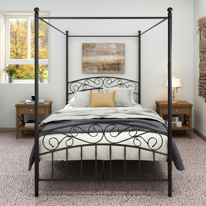 Metal Canopy Bed Frame with Ornate European Style Headboard & Footboard  Perfectly Fits Your Mattress Easy DIY Assembly All Parts Included, Full Black（same as W84034155）