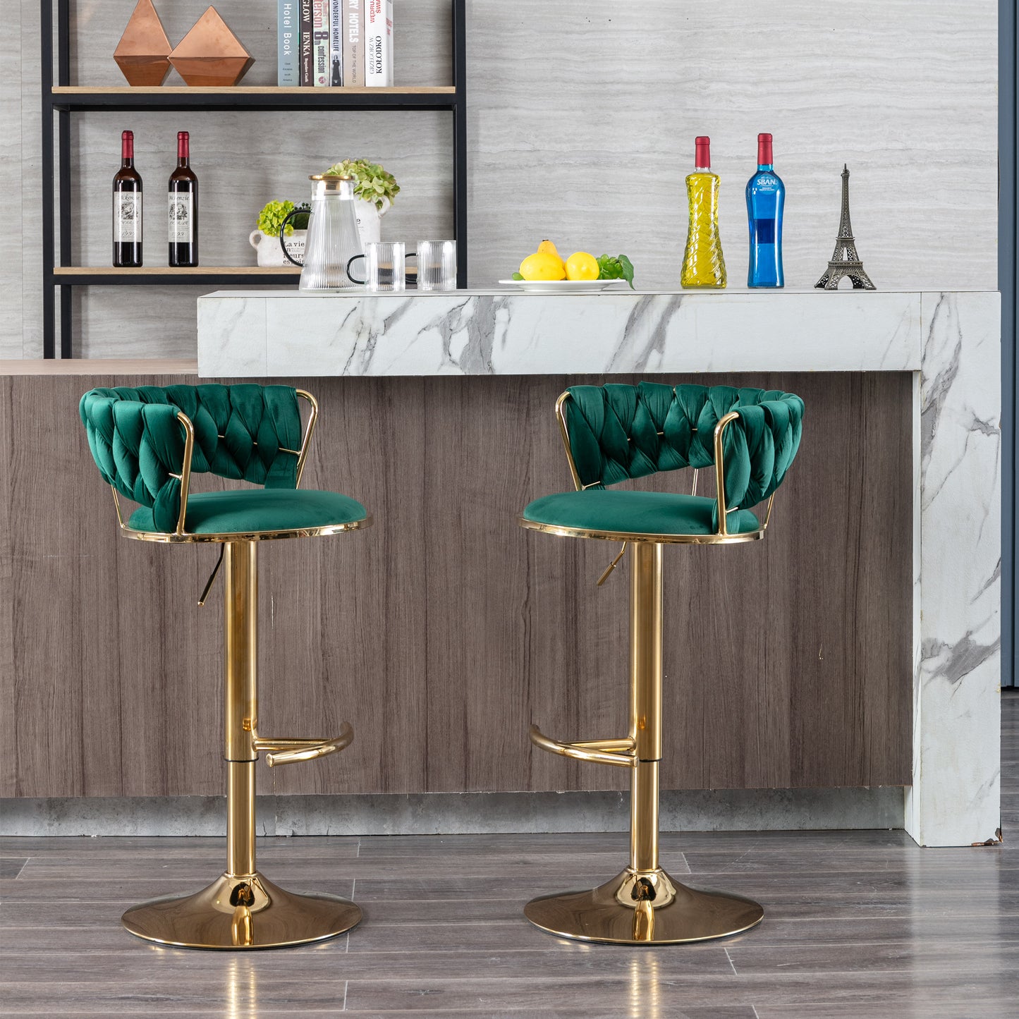 Set of 2  Bar Stools,with Chrome Footrest and Base Swivel Height Adjustable Mechanical Lifting Velvet + Golden Leg Simple Bar Stool-Green