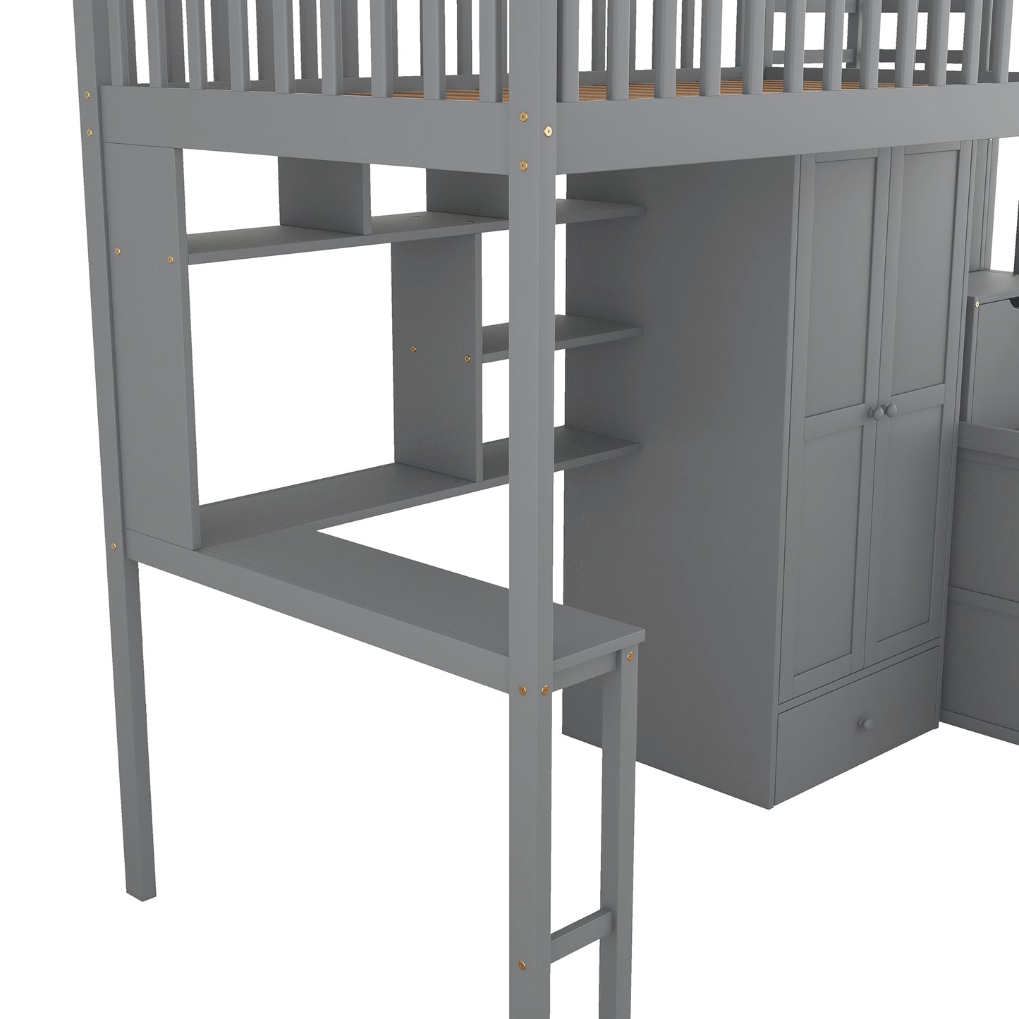 Twin size Loft Bed with Bookshelf,Drawers,Desk,and Wardrobe-Gray