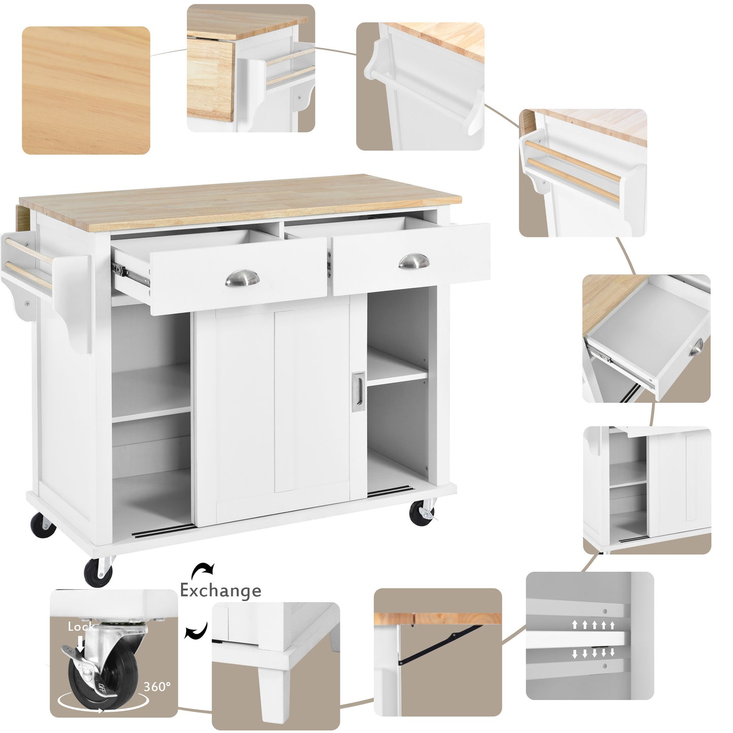 K&K Kitchen Cart with Rubber wood Drop-Leaf Countertop, Concealed sliding barn door adjustable height,Kitchen Island on 4 Wheels with Storage Cabinet and 2 Drawers,L52.2xW30.5xH36.6 inch, White