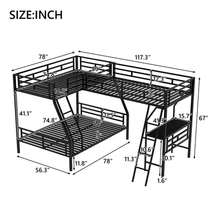 Twin over Full Bunk Bed with a Twin Size Loft Bed attached, with a Desk, Metal, Black