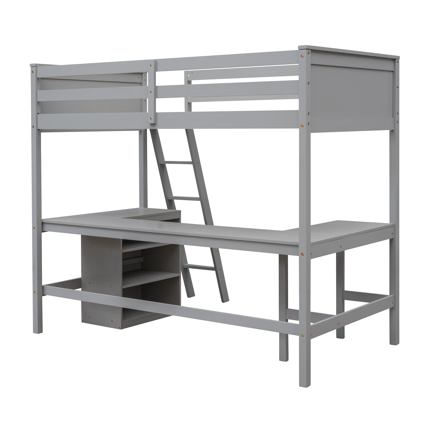 Twin size Loft Bed with Shelves and Desk, Wooden Loft Bed with Desk - Gray(OLD SKU:LT000537AAE)