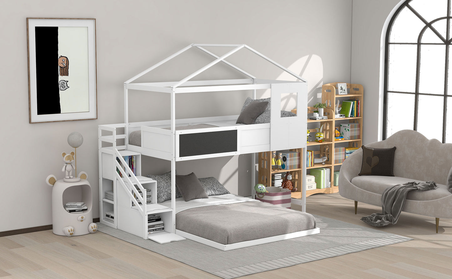 Twin over Full House Bunk Bed with Storage Staircase and Blackboard,White