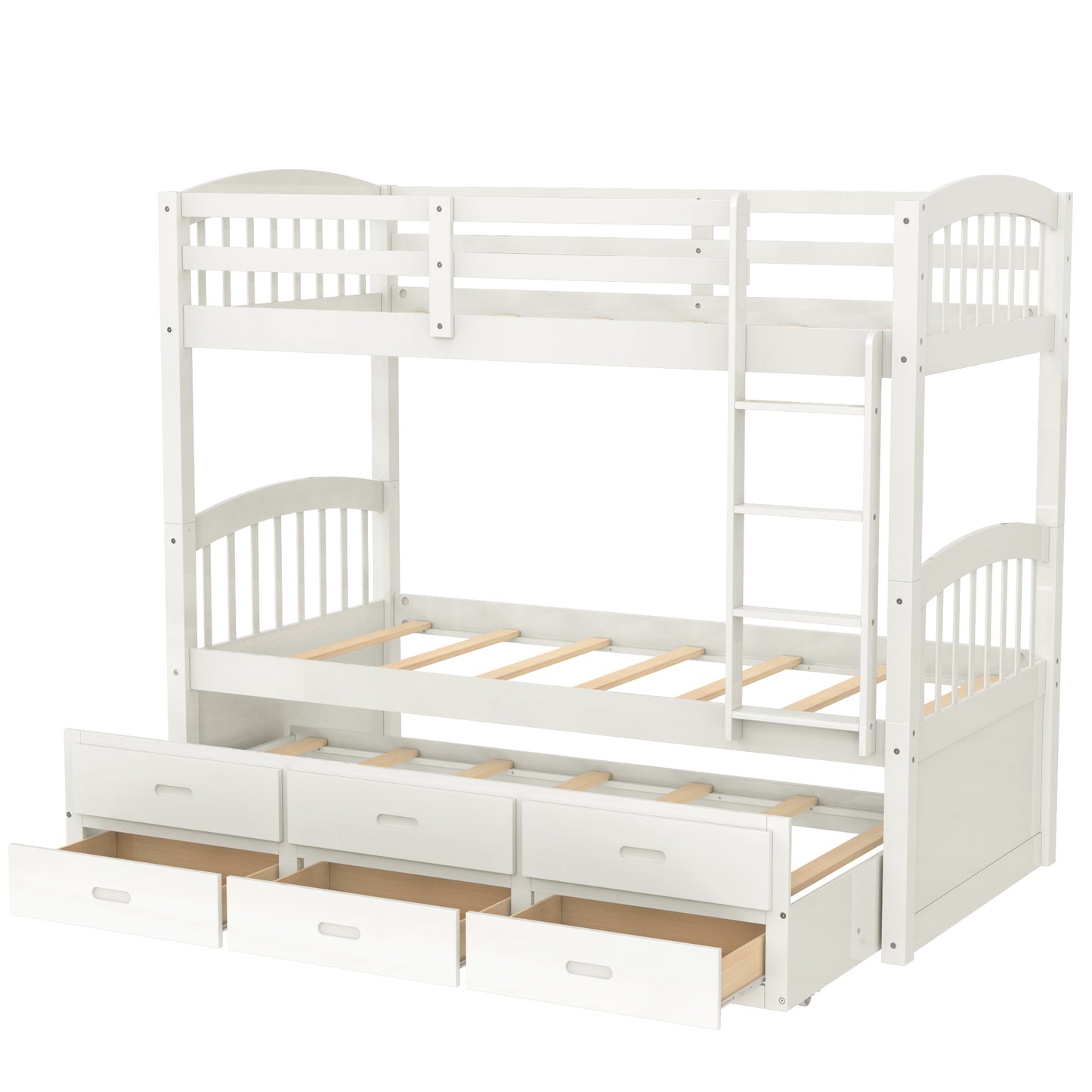 Twin over Twin Wood Bunk Bed with Trundle and Drawers,White