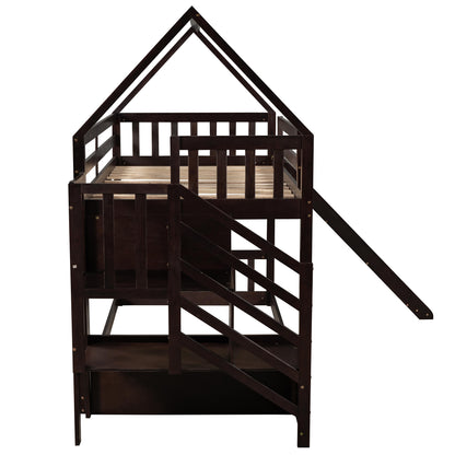 Twin over Twin House Bunk Bed with Slide and Storage Staircase,Espresso