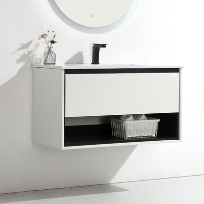 36 inches Wood Floating Bathroom Vanity Combo with Integrated Ceramic Sink and Soft Close Drawer