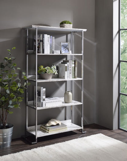 ACME Visage Bookcase, White Printed Faux Marble & Chrome 92937