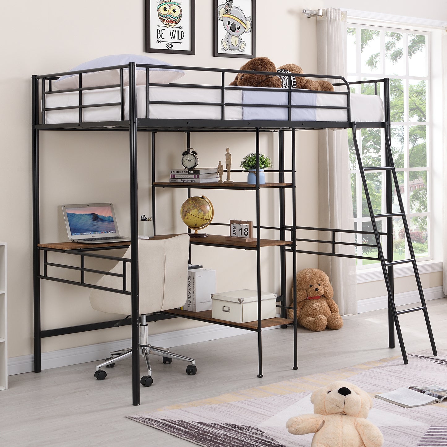 Twin Size Metal Loft Bed and Built-in Desk and Shelves,Black(OLD DKU:WF280270AAB)