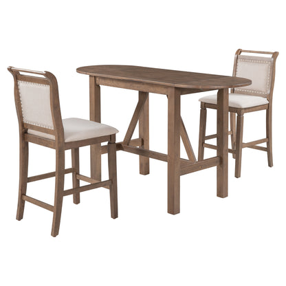 TOPMAX 3-Piece Wood Counter Height Drop Leaf  Dining Table Set with 2 Upholstered Dining Chairs for Small Place, Brown