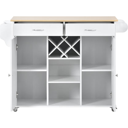 K&K Store Kitchen Island Cart with Two Storage Cabinets and Four Locking Wheels，Wine Rack, Two Drawers,Spice Rack, Towel Rack （White）