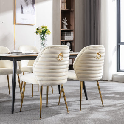 Modern Dining Chair Set of 2, Woven Velvet Upholstered Side Chairs with Barrel Backrest and Gold Metal Legs, Accent Chairs for Living Room Bedroom,Cream