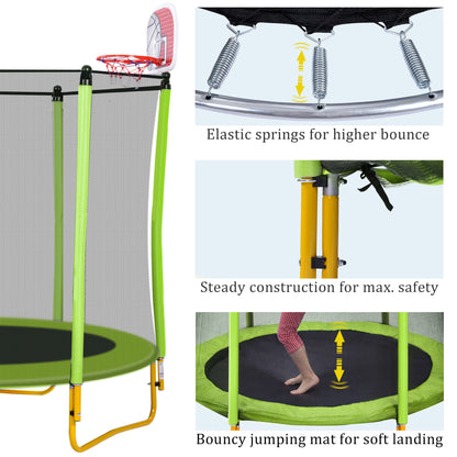 5.5FT Trampoline for Kids - 65" Outdoor & Indoor Mini Toddler Trampoline with Enclosure, Basketball Hoop and Ball Included