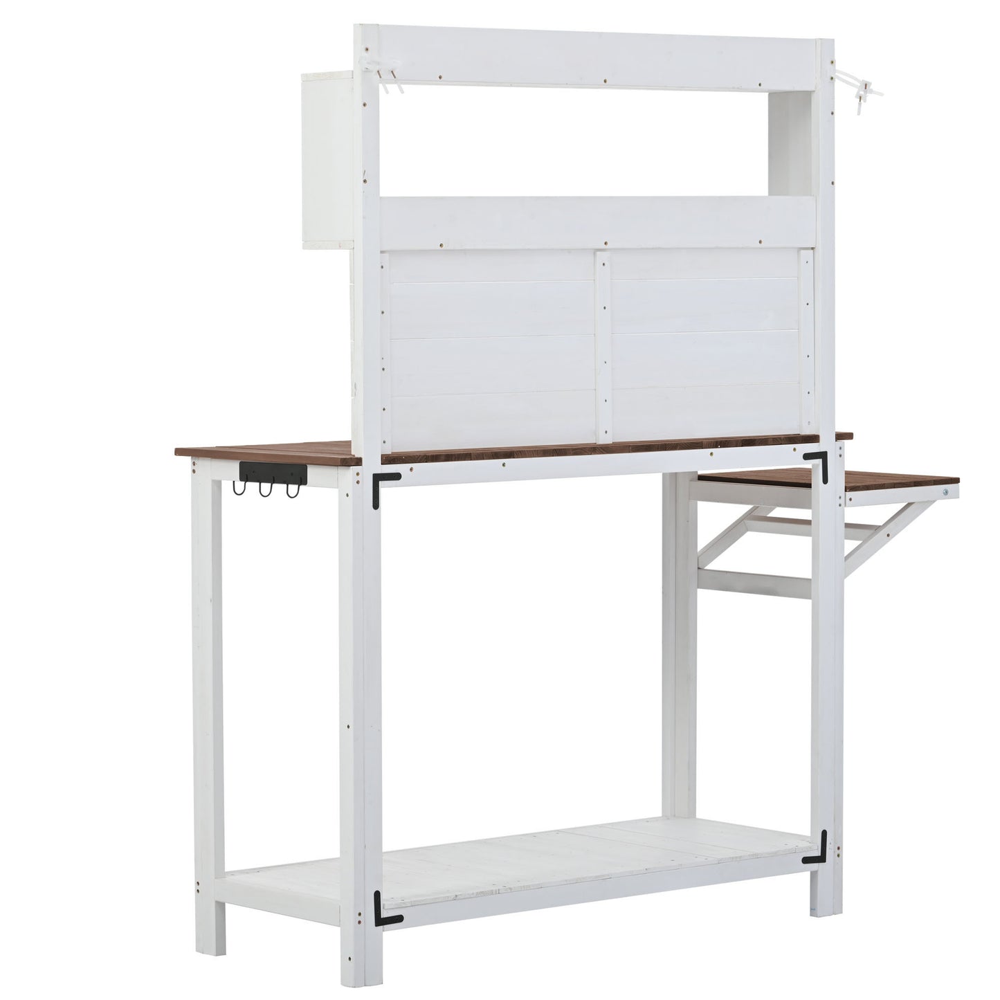 TOPMAX 65inch Garden Wood Workstation Backyard Potting Bench Table with Shelves, Side Hook and Foldable Side Table,White