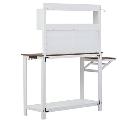 TOPMAX 65inch Garden Wood Workstation Backyard Potting Bench Table with Shelves, Side Hook and Foldable Side Table,White