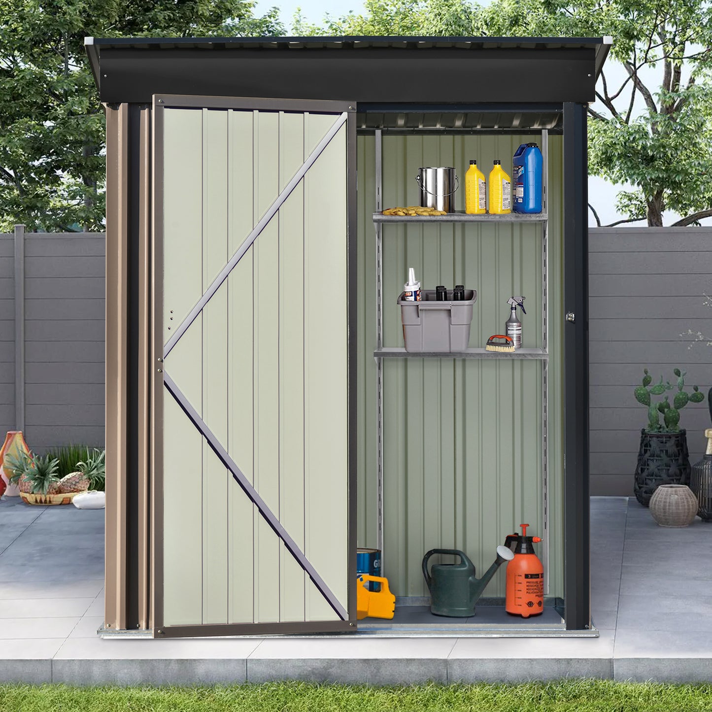 TOPMAX Patio 5ft Wx3ft. L Garden Shed, Metal Lean-to Storage Shed with Adjustable Shelf and Lockable Door, Tool Cabinet for Backyard, Lawn, Garden, Brown