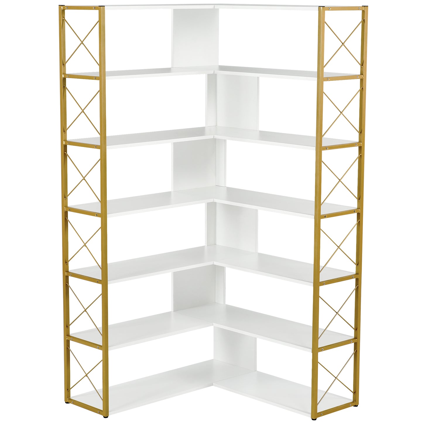 Golden+White 7-Tier Bookcase Home Office Bookshelf,  L-Shaped Corner Bookcase with Metal Frame, Industrial Style Shelf with Open Storage, MDF Board