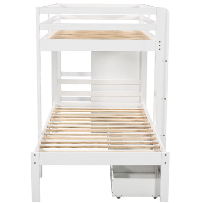 Twin over Twin Bunk Bed with Built-in Storage Wardrobe and Two Drawers, White