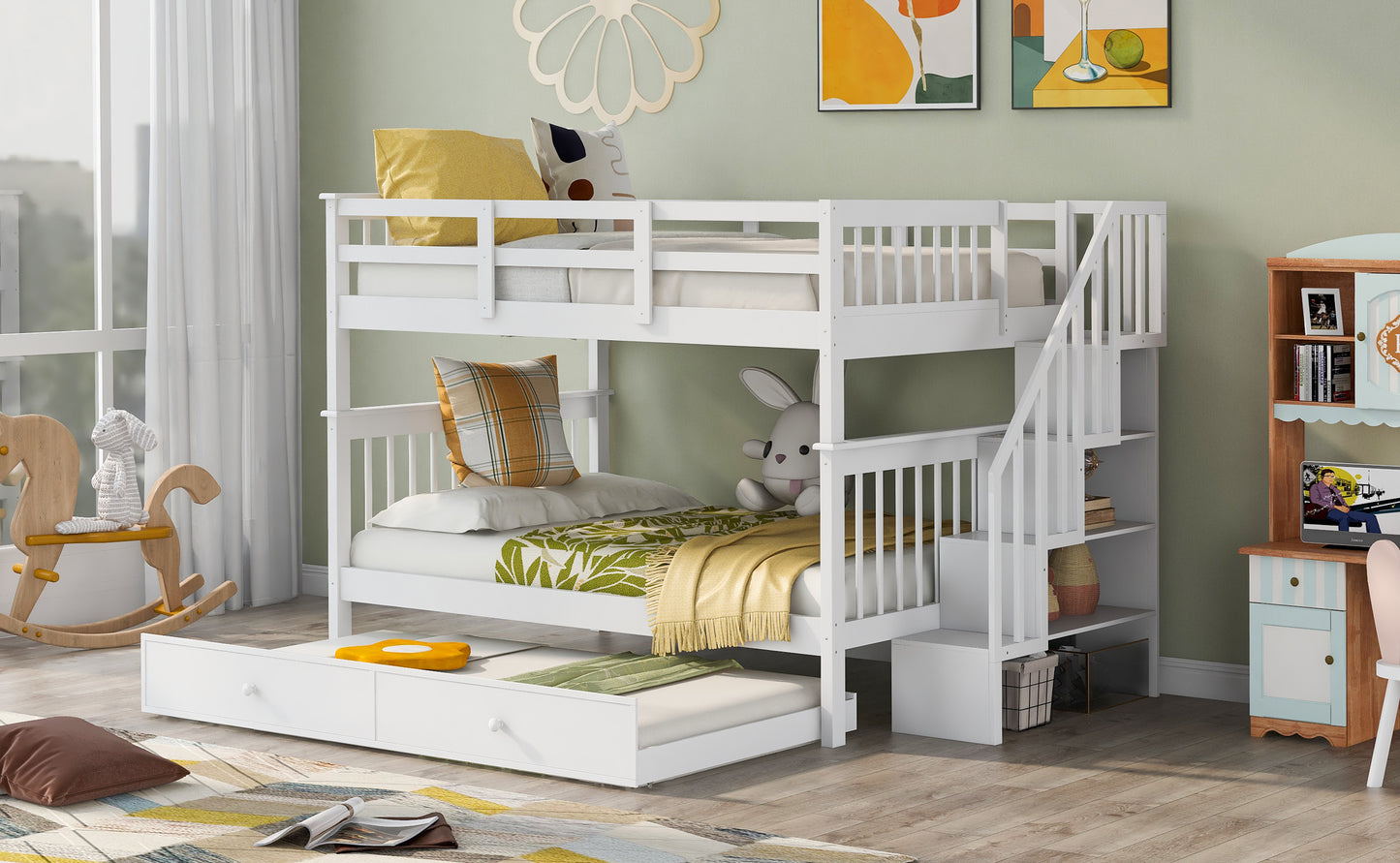 Stairway Full-Over-Full Bunk Bed with Twin size Trundle, Storage and Guard Rail for Bedroom, Dorm - White(OLD SKU :LP001210AAK)