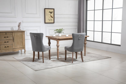 Upholstered Button Tufted Back Gray Velvet Dining Chair with Nailhead Trim and Solid Wood Legs 2 Sets