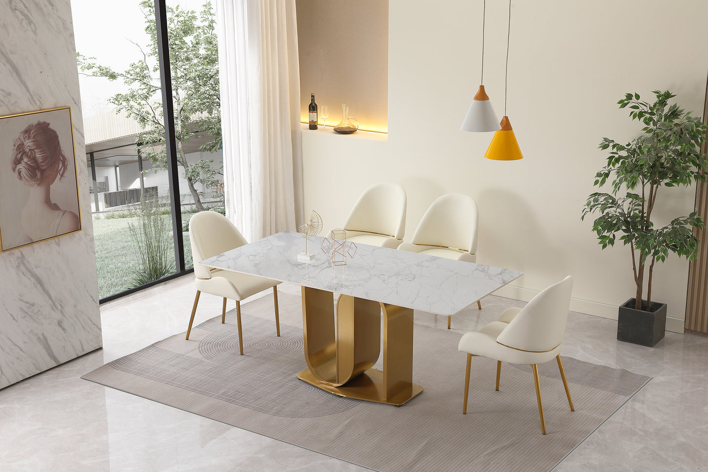 71" Contemporary Dining Table in Gold with Sintered Stone Top and  U shape Pedestal Base in Gold finish