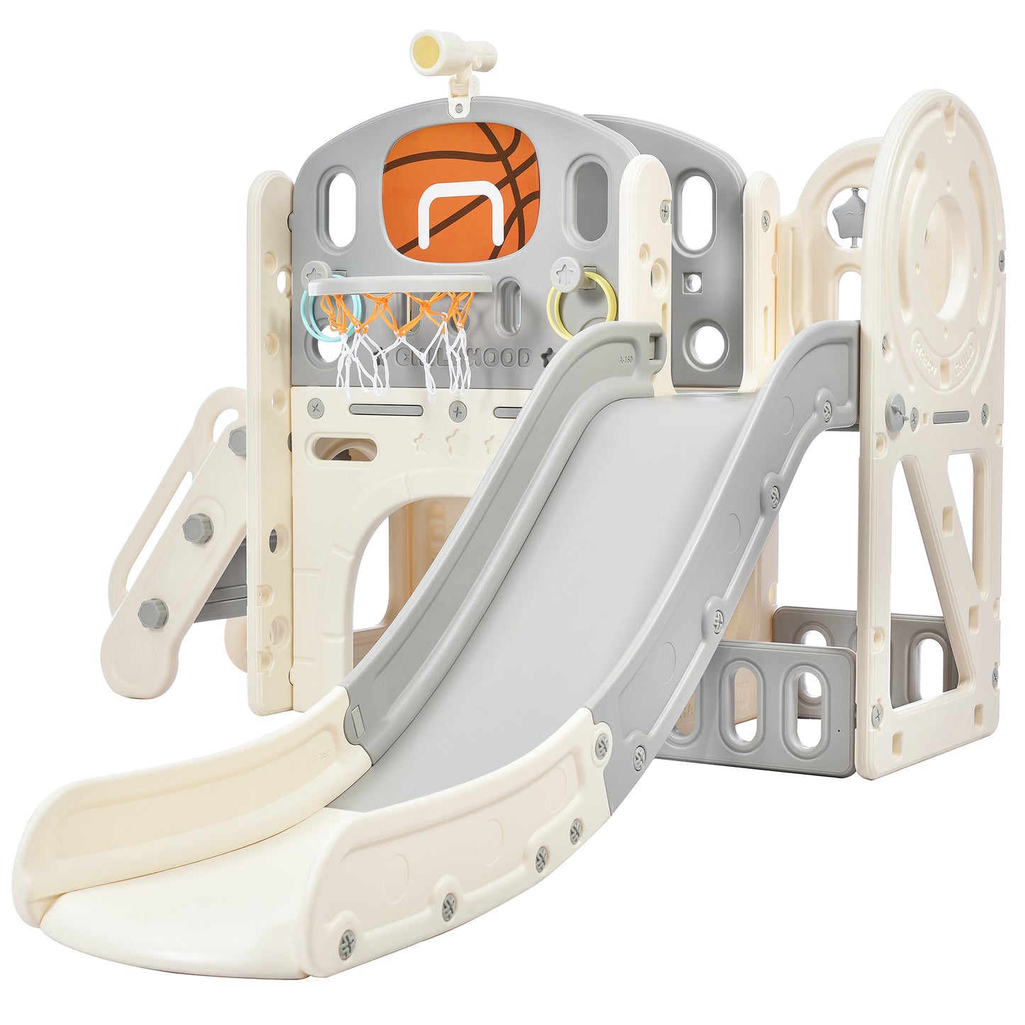 Kids Slide Playset Structure, Freestanding Castle Climbing Crawling Playhouse with Slide, Arch Tunnel, Ring Toss, and Basketball Hoop, Toy Storage Organizer for Toddlers, Kids Climbers Playground