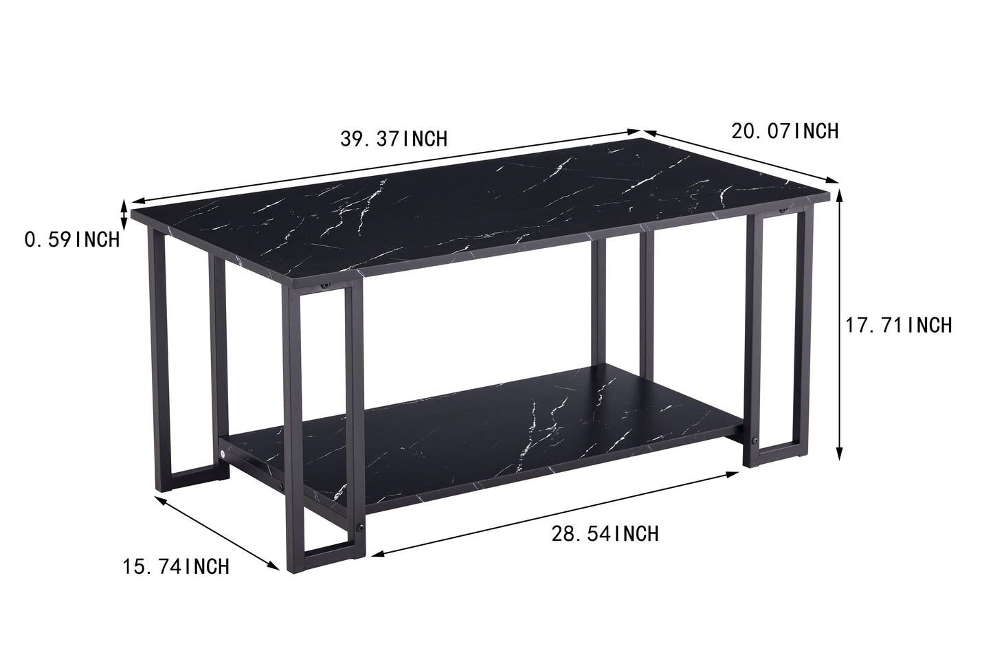 D&N Coffee Table, 2 Layers 1.5cm Thick Marble MDF Rectangle 39.37" L Tabletop Iron Coffee Table , Dining Room, black Top, black Leg